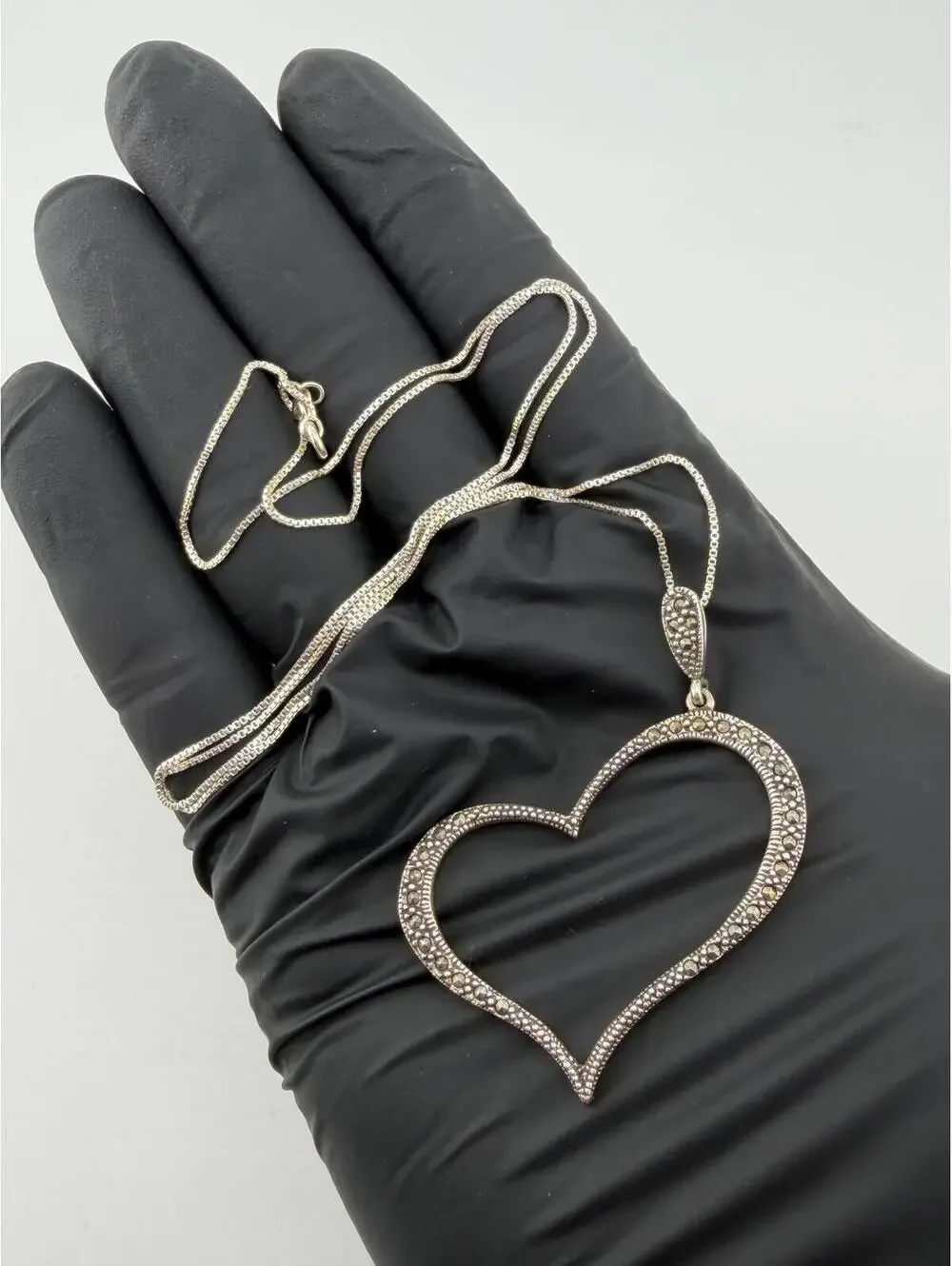 Sterling Silver 925 Heart Necklace‎ Marcasite Vintage Style 8g